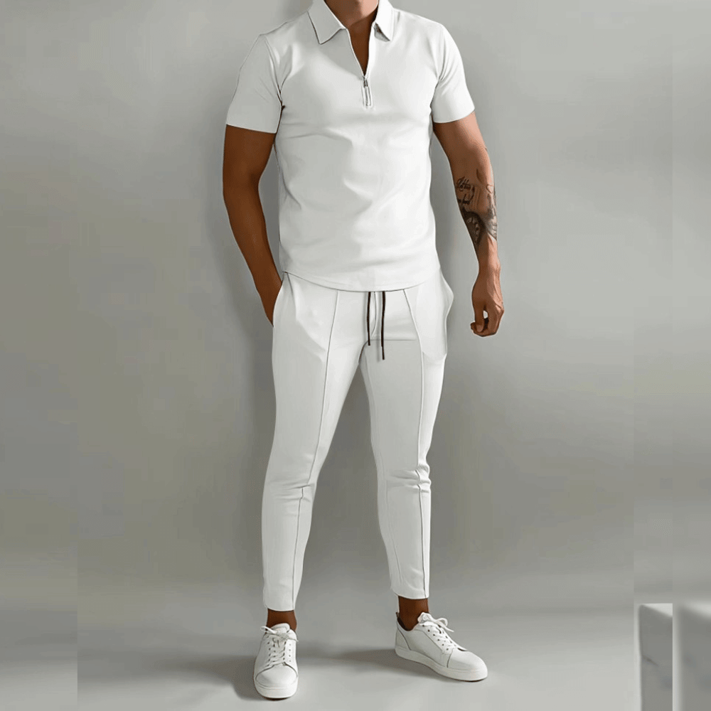 Men's casual short sleeve zip polo & tapered pants two-piece set in coordinated warm-weather style