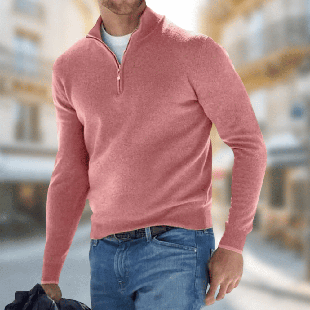 Men's classic zip neck sweater in neutral tone, relaxed fit with half-zip collar for easy layering