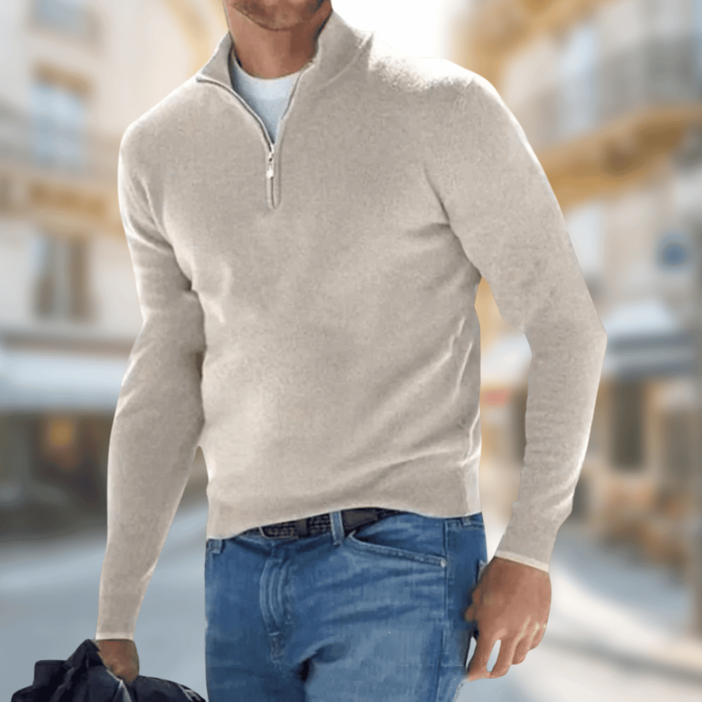 Evan men's classic zip neck sweater in neutral tone, versatile layering piece with quarter-zip closure