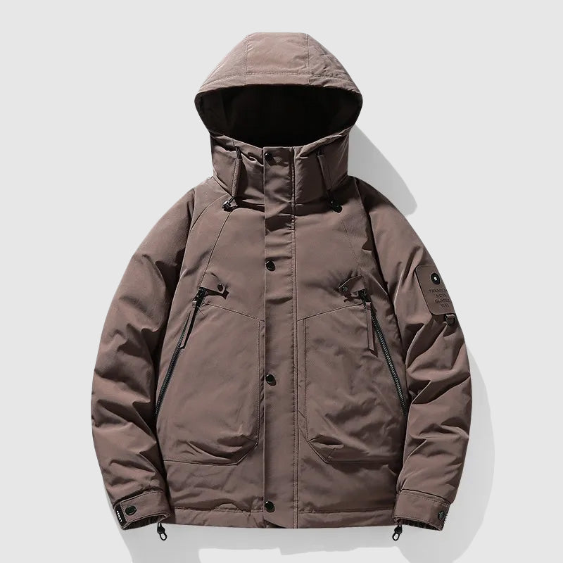 Men's navy blue urban down jacket detachable hood white duck down insulation slim fit