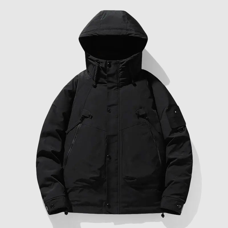 Men's navy relaxed fit puffer jacket with detachable hood for outdoor winter adventures