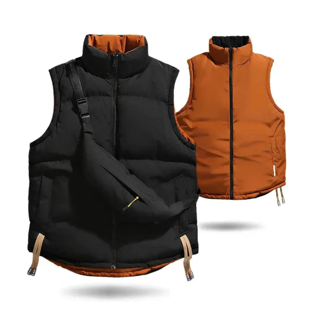Reversible two-tone puffer vest with matching crossbody bag, cotton-poly blend cold-weather style
