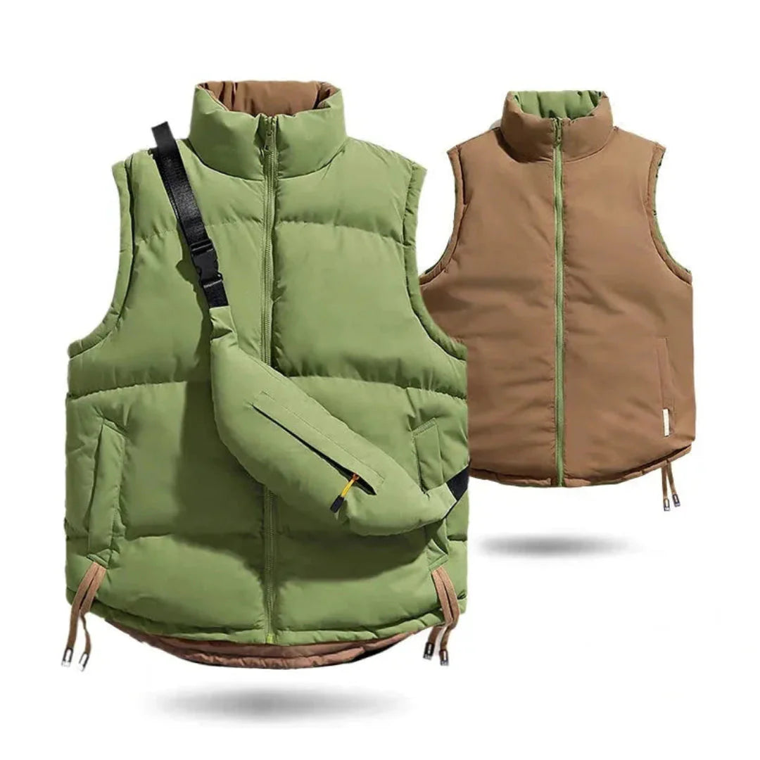 Reversible two-tone vest with matching crossbody bag, cotton-poly blend, versatile cold-weather style