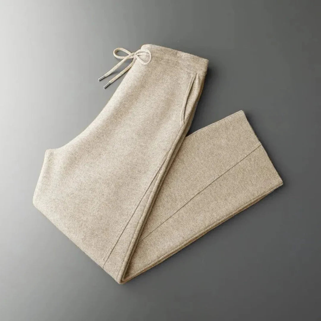 Devin unisex camel cashmere knit wide-leg joggers with adjustable drawstring waistband