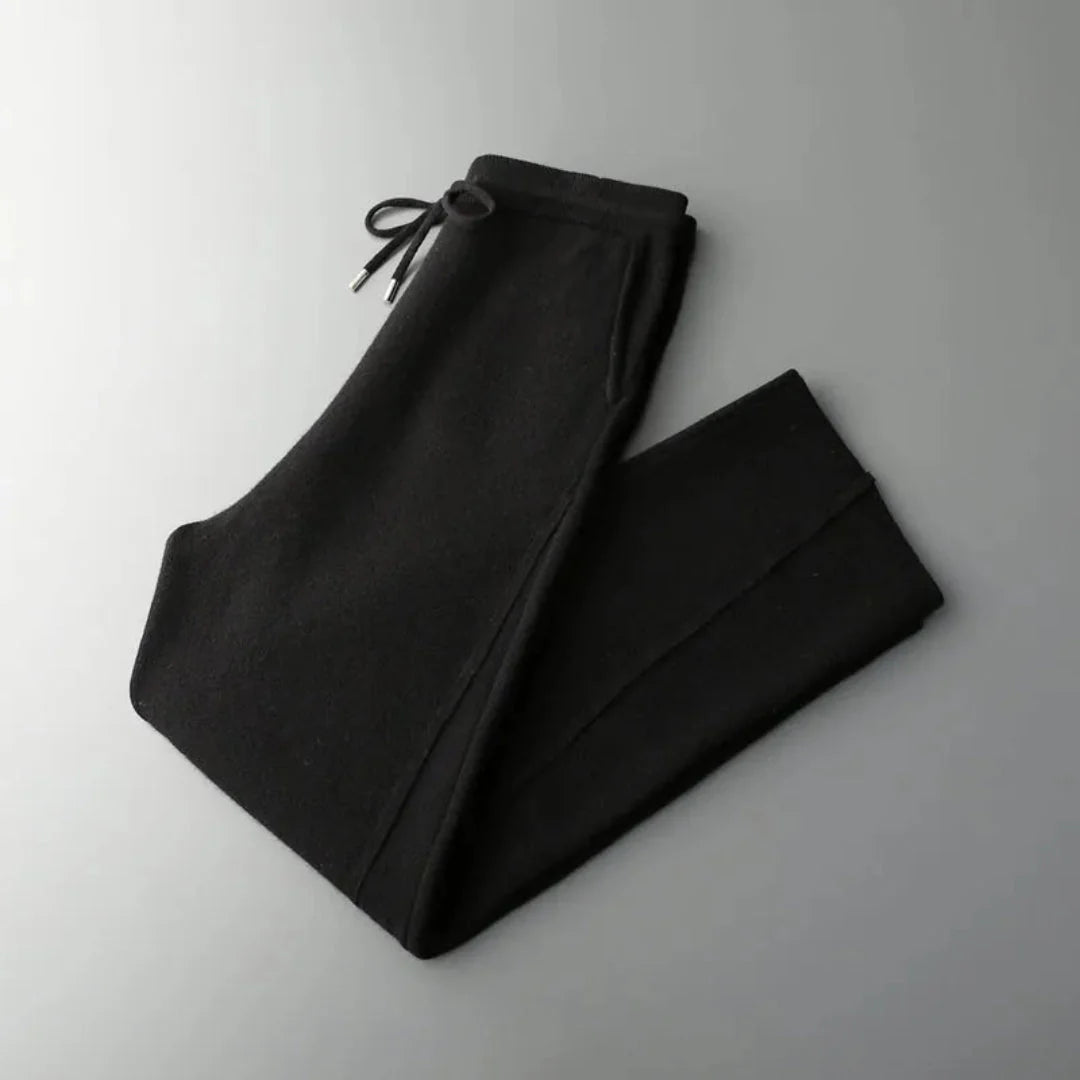Devin unisex cashmere knit wide-leg joggers in neutral tones with adjustable drawstring waistband
