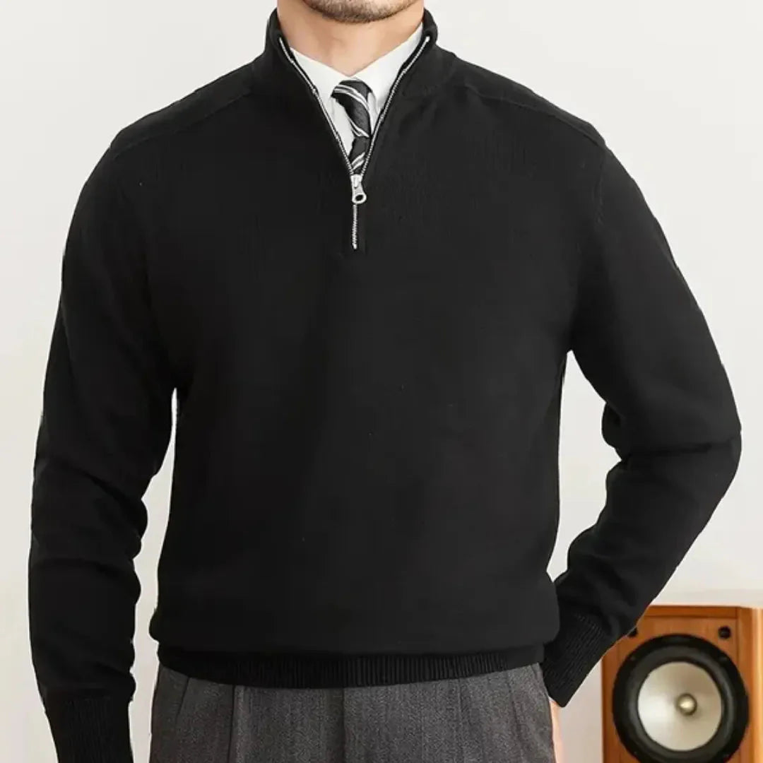 Navy half-zip sweater cotton wool blend slim-fit layering essential with adjustable ventilation closure
