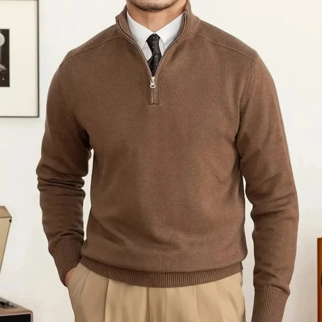 Navy half-zip sweater cotton wool blend slim-fit layering essential with adjustable zipper closure