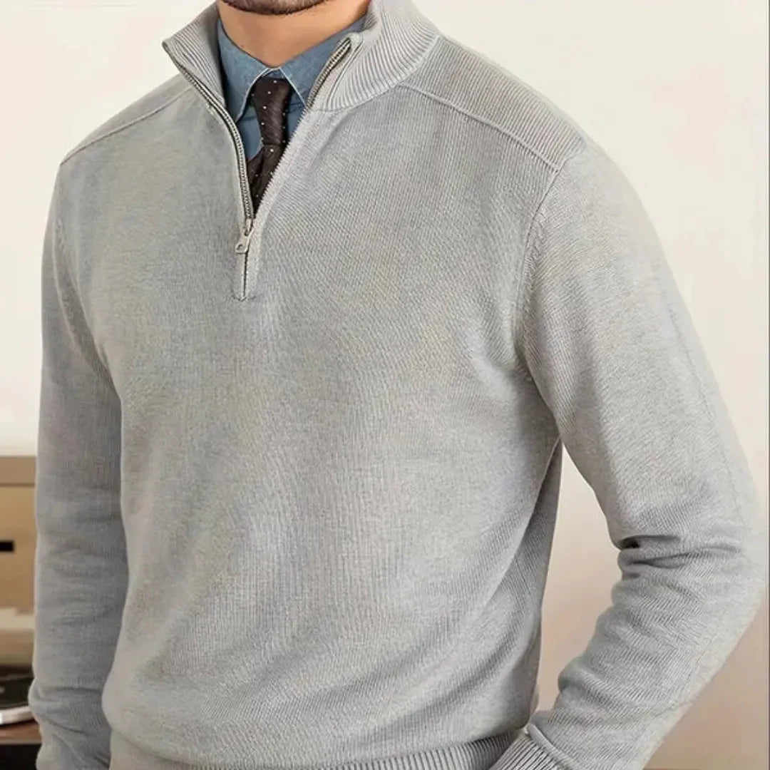 Navy half-zip sweater cotton wool blend slim fit breathable layering essential for professionals