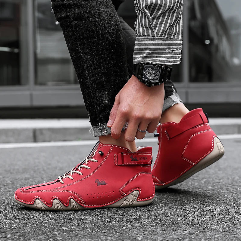 White genuine leather high-top sneakers with contrast stitching and signature wave-sole grip