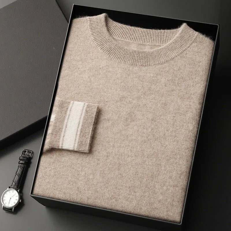 Men's beige cashmere blend crewneck pullover with soft drape and breathable everyday luxury fit