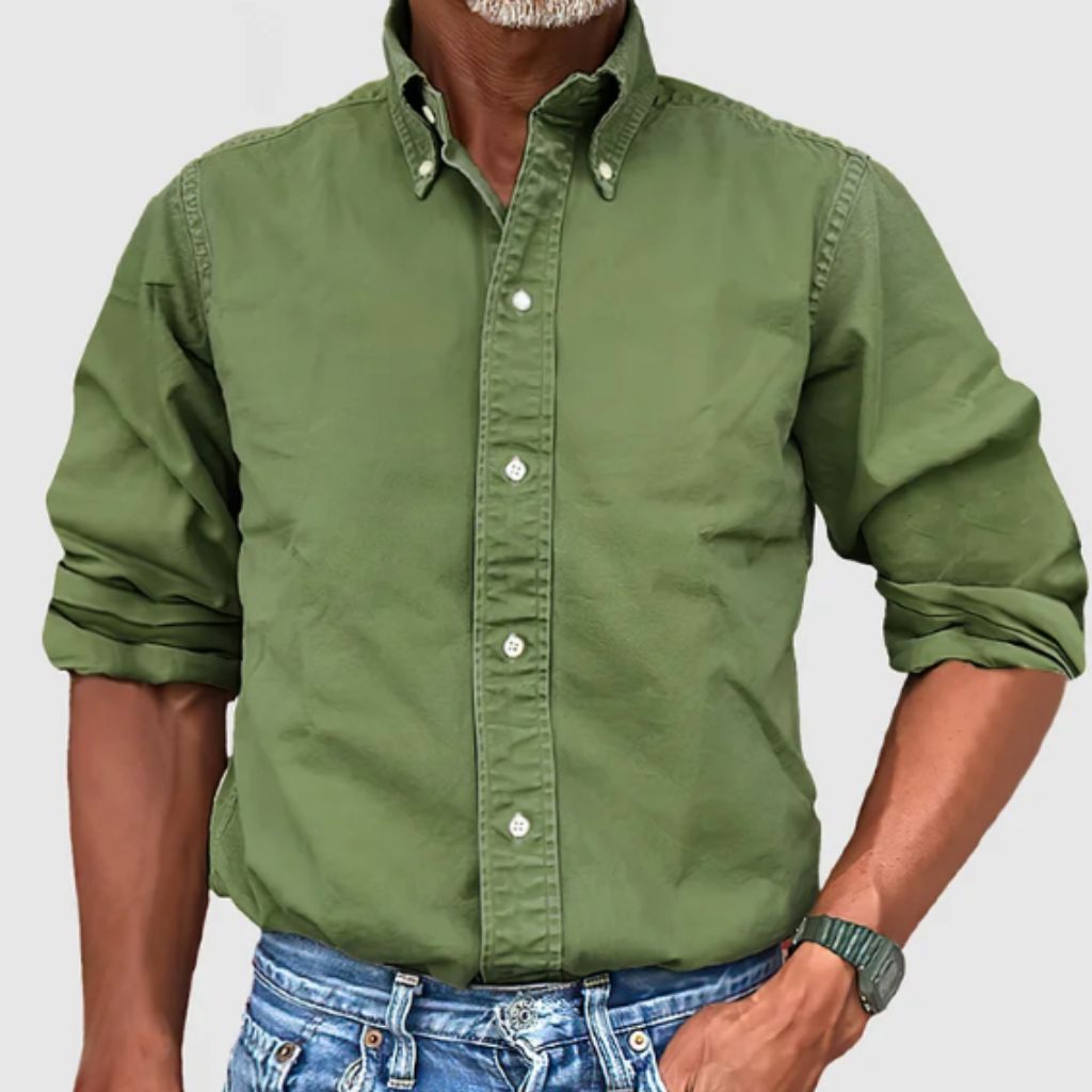 Men's white regular fit long sleeve cotton shirt with classic button closure and breathable everyday style