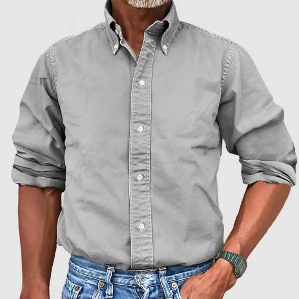 Men's white regular fit long sleeve cotton button-up shirt with breathable everyday casual style