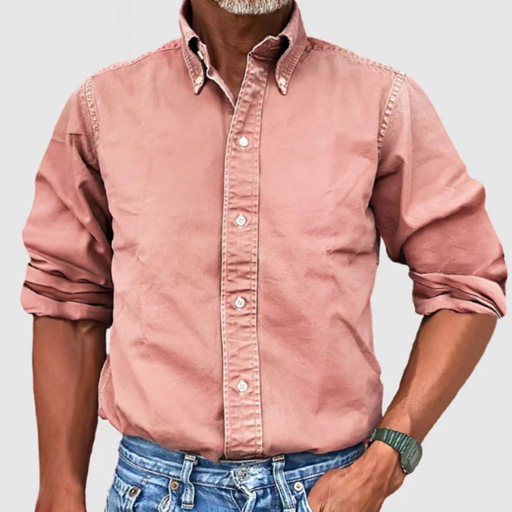 Men's white regular fit long sleeve cotton button-up shirt with breathable fabric and relaxed everyday style