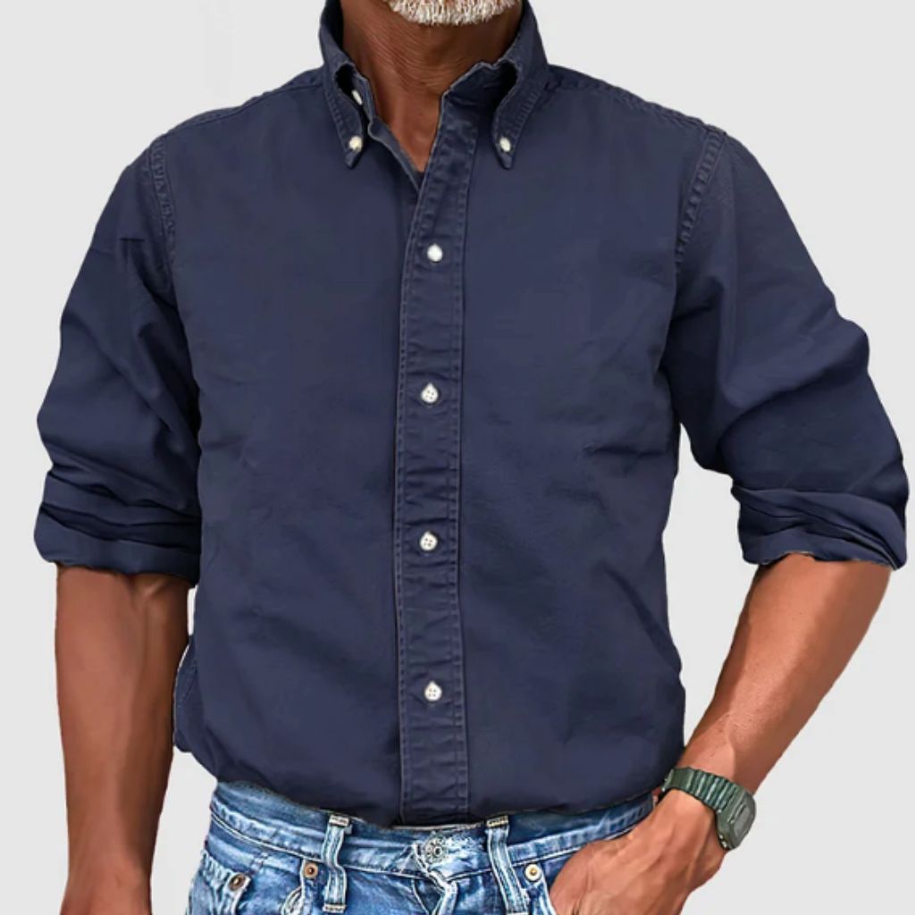 Men's regular fit long sleeve cotton shirt in neutral tone with classic button closure for everyday wear