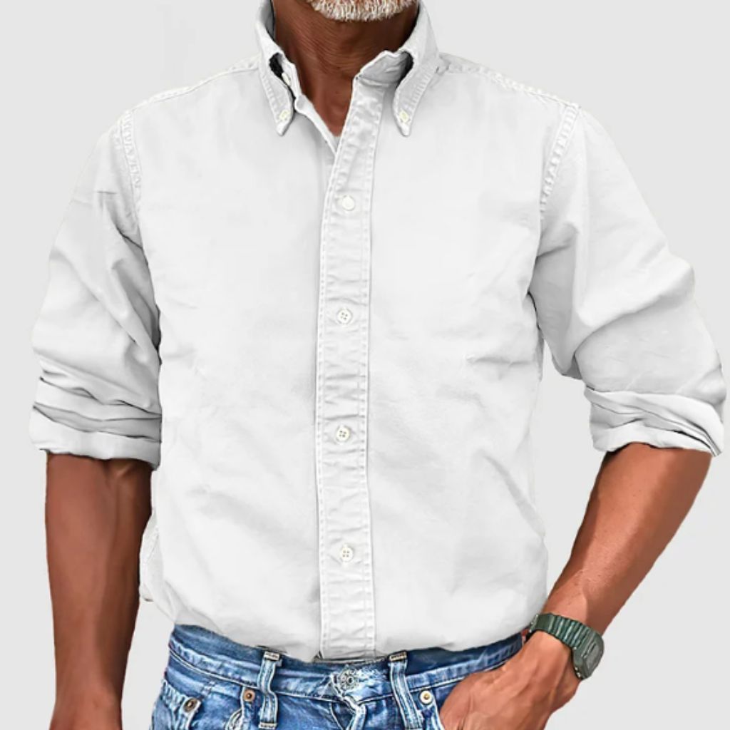 Men's white regular fit long sleeve cotton button-up shirt with breathable fabric for everyday wear