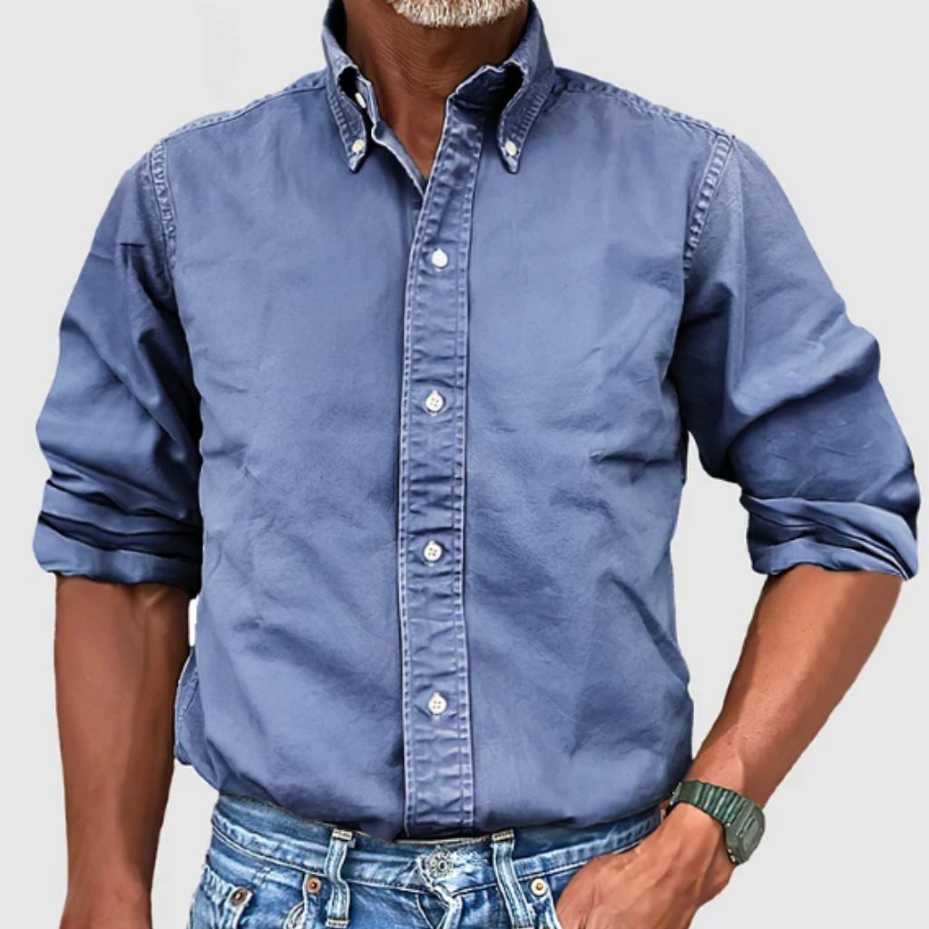 Men's regular fit long sleeve cotton shirt in neutral tone with breathable fabric and button closure
