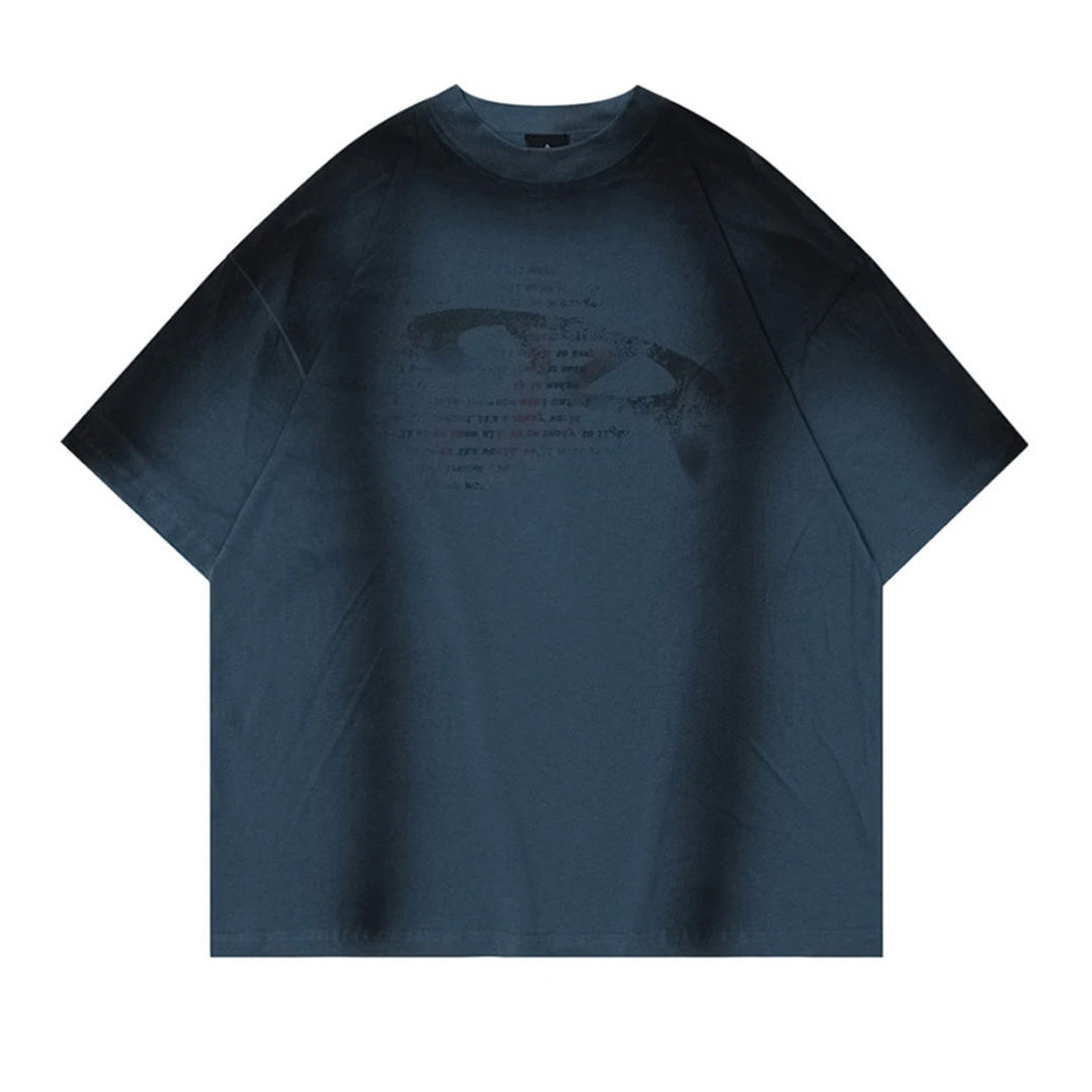 Men's oversized faded cotton tee, distressed washed finish with bold black spray paint print