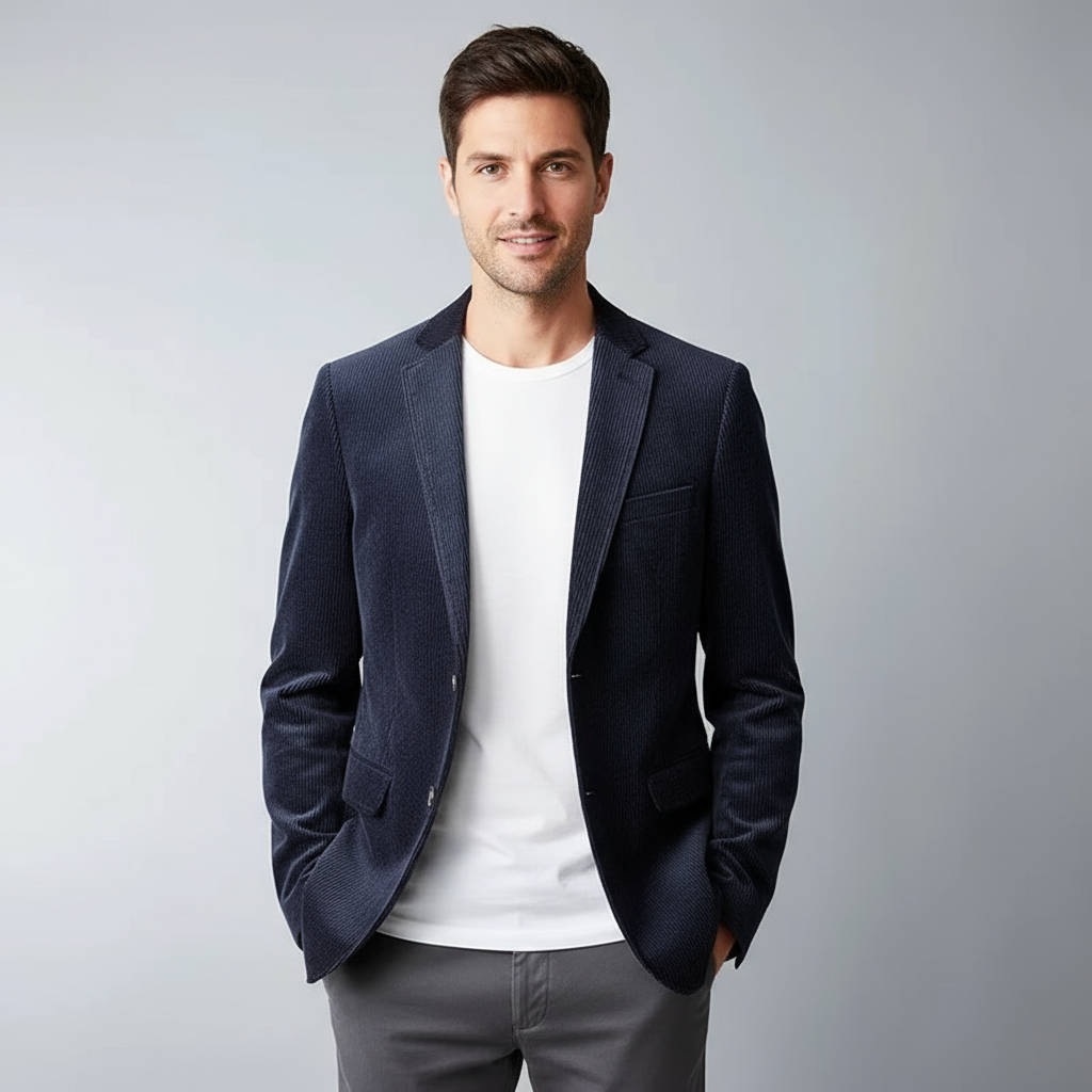 Men's brown corduroy blazer jacket with stretch fit, wrinkle-resistant finish for office and weekend wear