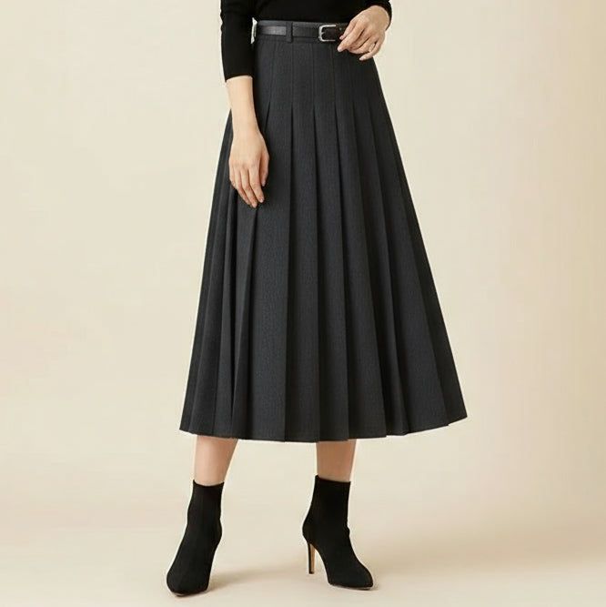 Women's pleated midi skirt high waist A-line silhouette with adjustable belt, office-ready style