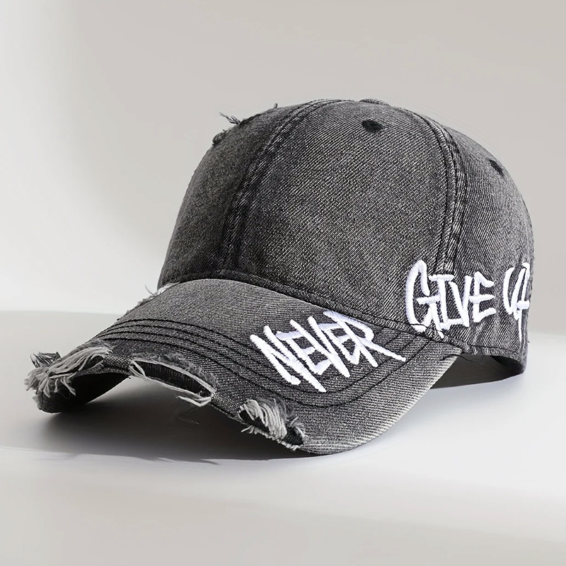 Distressed denim baseball cap with Never Give Up embroidery, adjustable strap, street-style casual fit