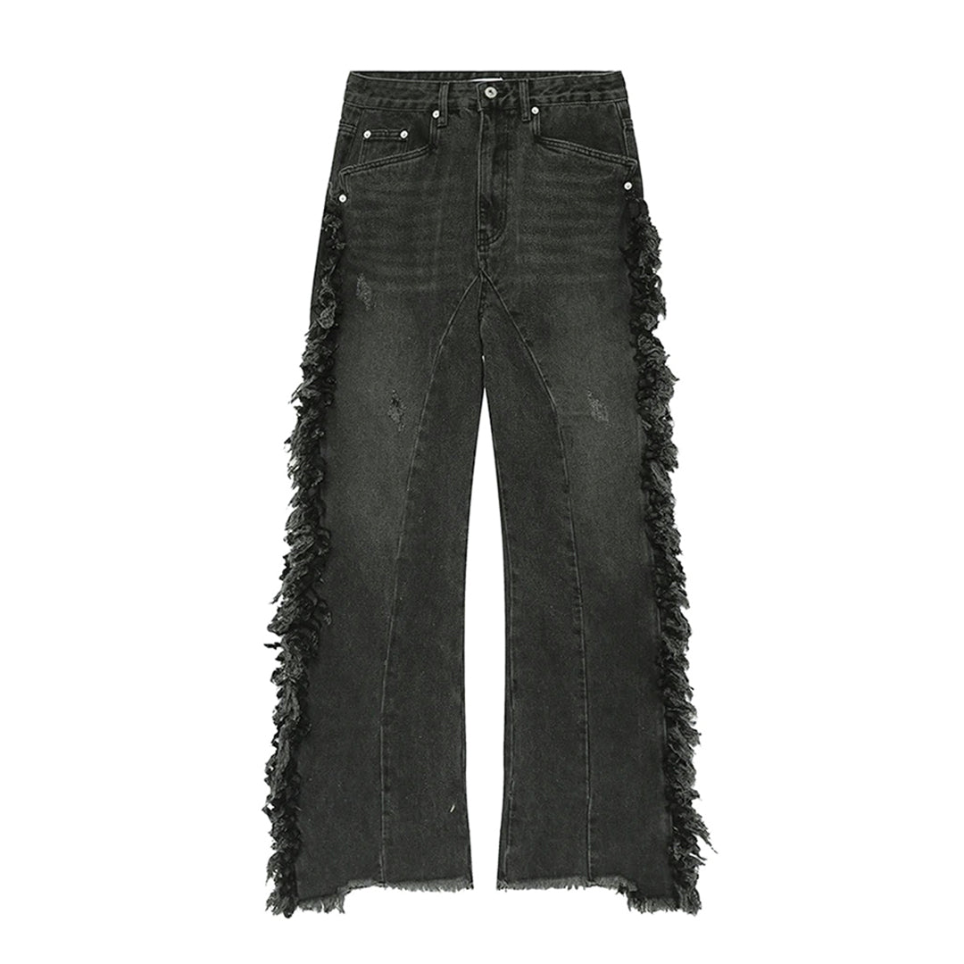 Blue distressed flared jeans baggy fit with tassel-trimmed hem for casual weekend style