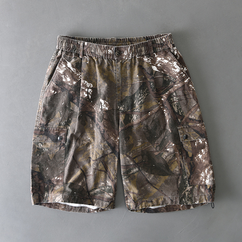 Men's distressed camo cargo shorts elastic waist dual button flap pockets rugged relaxed fit