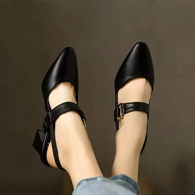 Camila slingback block pumps pointed toe vegan leather buckle detail mid heel office wear