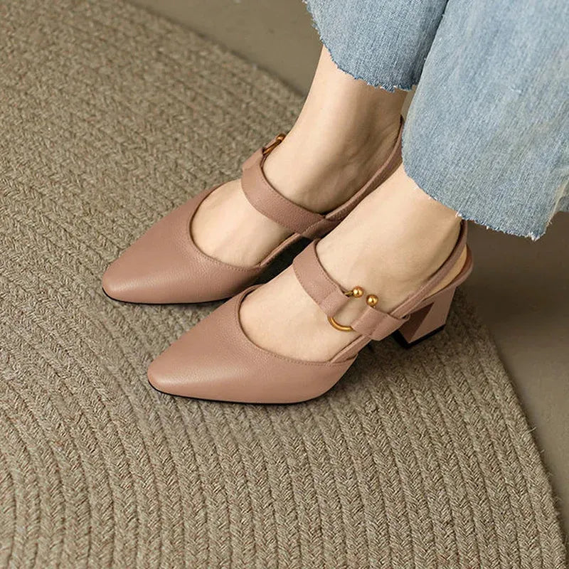 Camila slingback block pumps pointed toe mid heel vegan leather buckle detail office evening wear