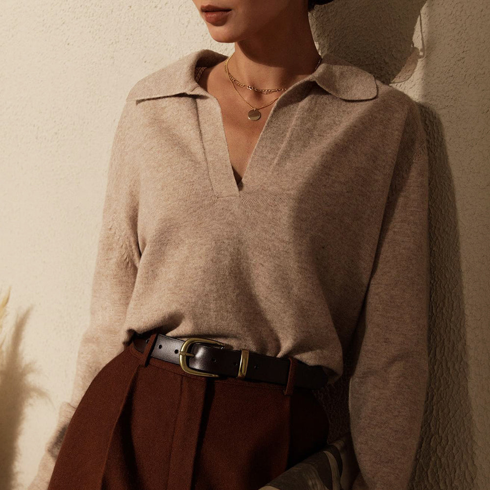 Women's elegant cream minimalist sweater with soft viscose fabric and V-neck lapel collar