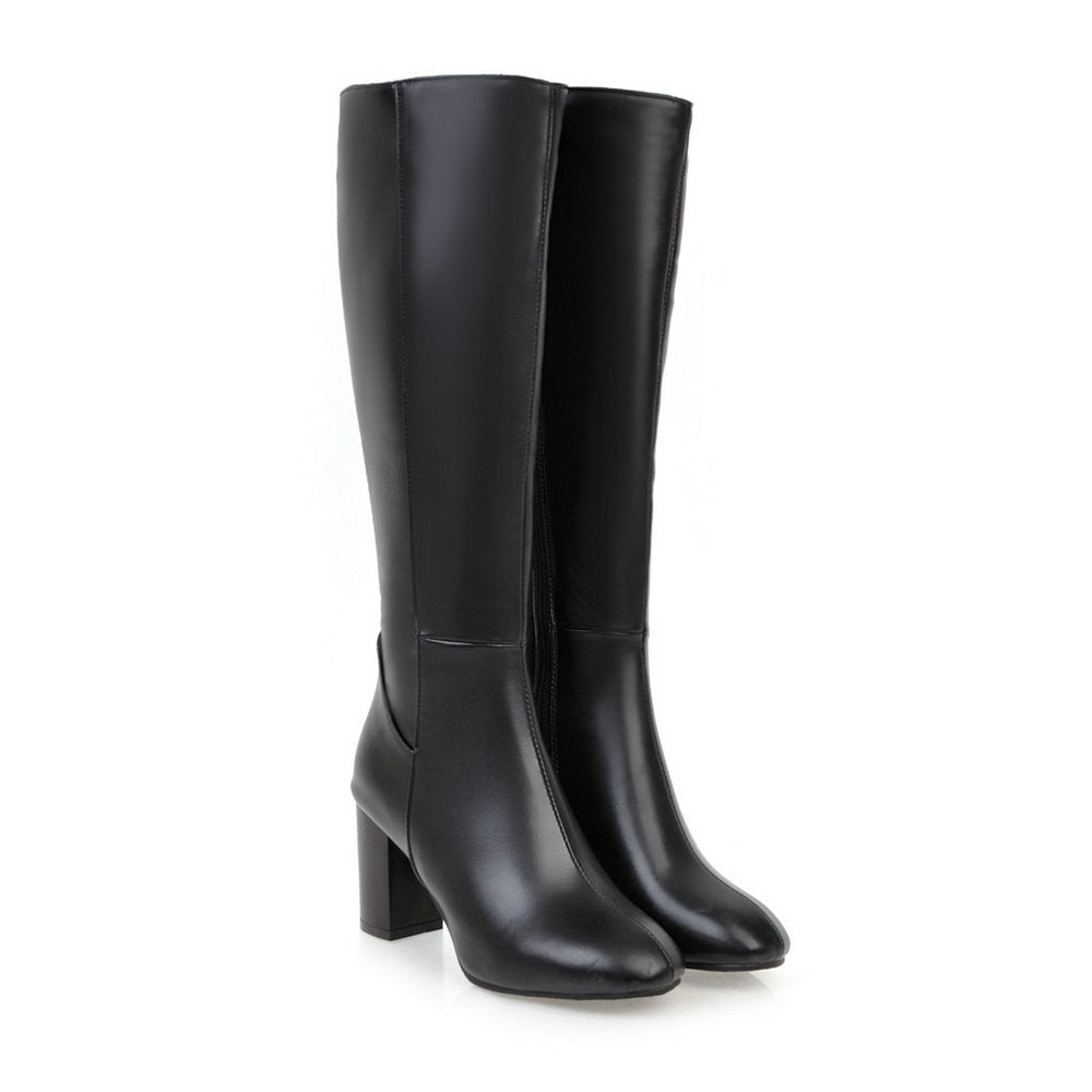 Mia women's black knee-high boots with sleek block heel, elegant polished finish