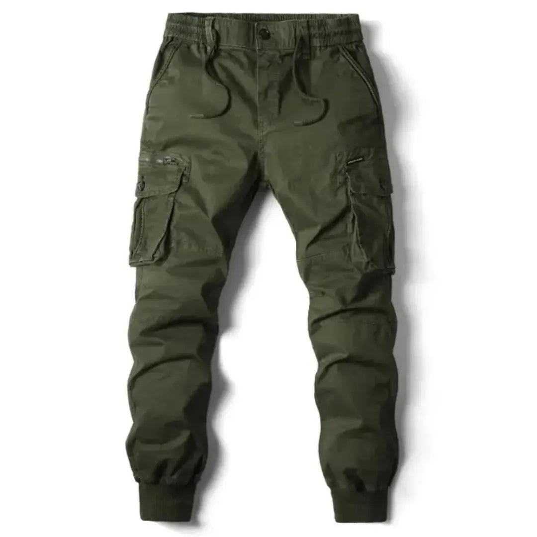 Men's olive cargo pants relaxed fit durable cotton multiple pockets outdoor work adventure