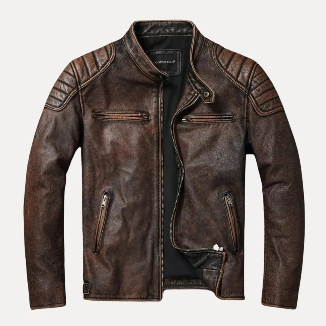 Men's black cowhide moto leather jacket with stand collar and zipper details for fall winter