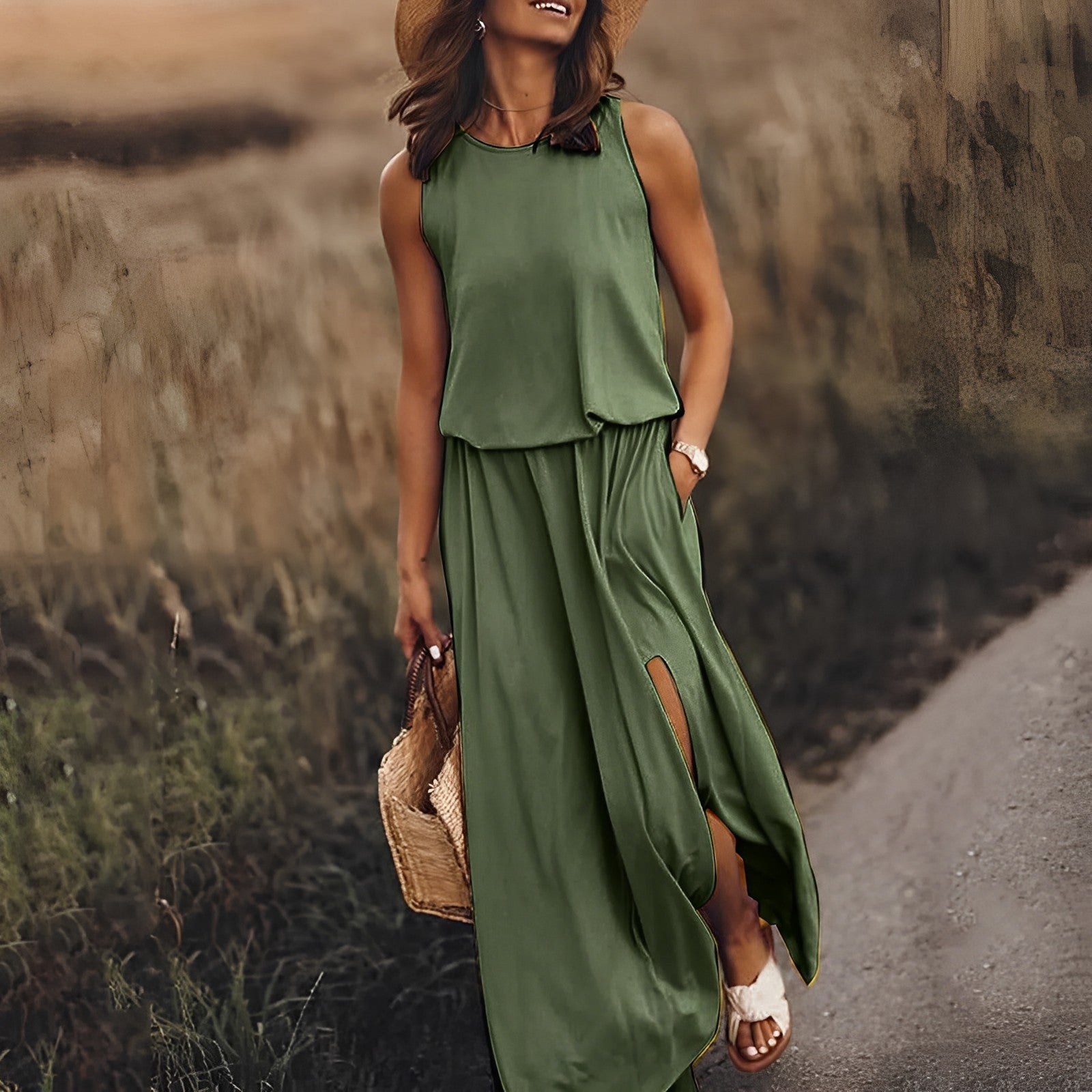 Jonna sleeveless retro maxi dress for women, breathable travel-ready long silhouette