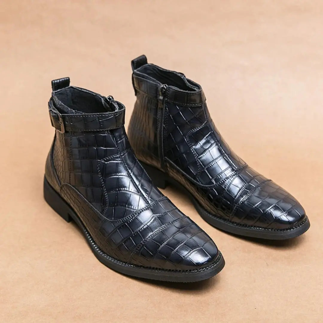 Men's brown faux crocodile leather boots almond toe heritage buckle bold textured fashion