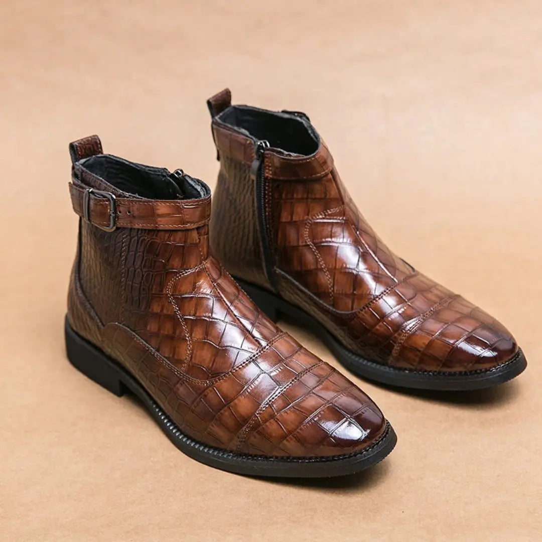 Men's brown faux crocodile leather boots almond toe heritage buckle detail luxe textured finish