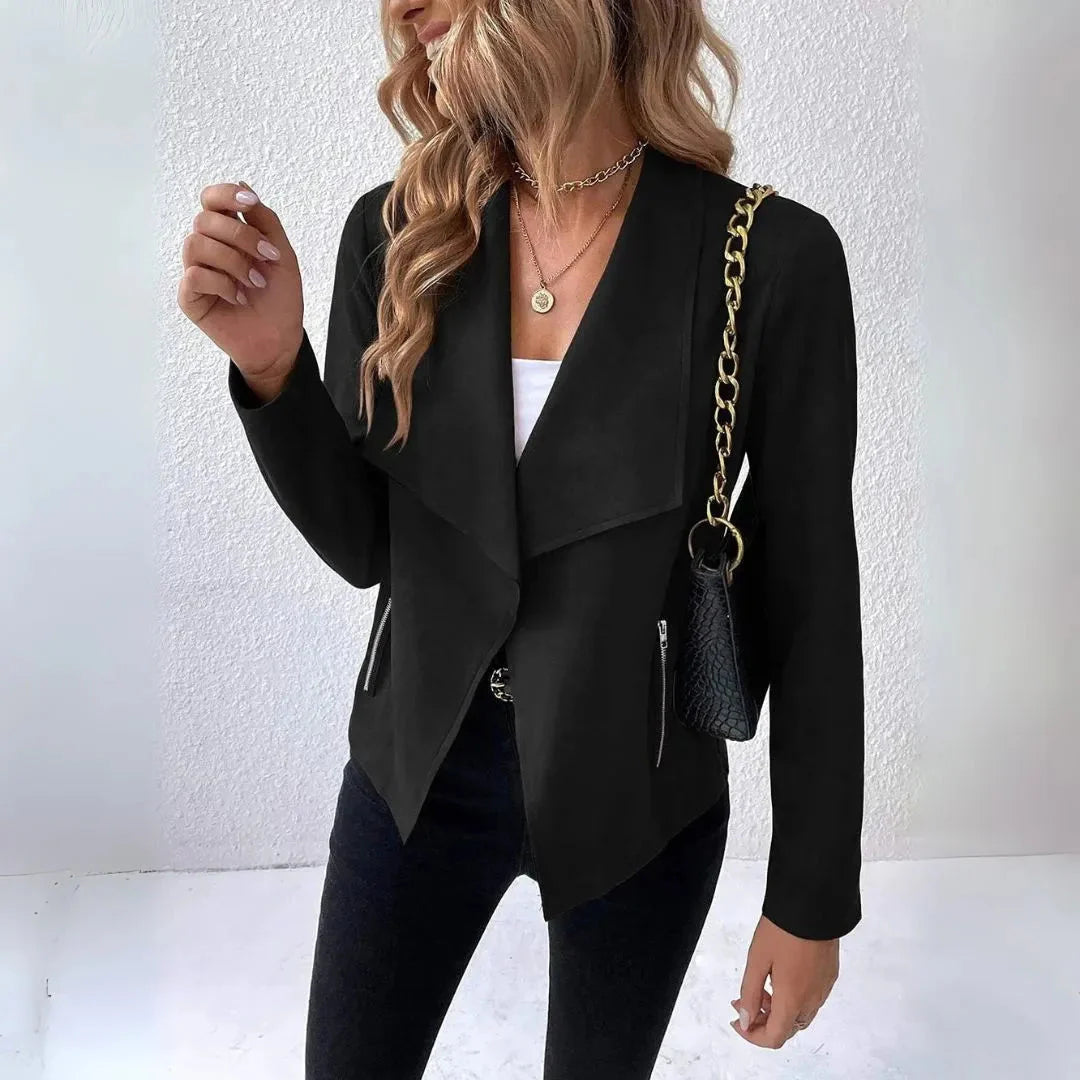 Women's draped open-front cotton-blend jacket soft tailored fit with zippered pockets