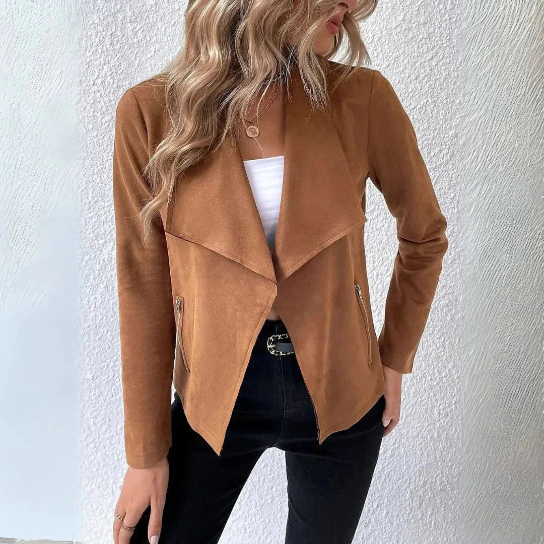 Women's draped open-front cotton blend jacket soft tailored fit with zippered pockets