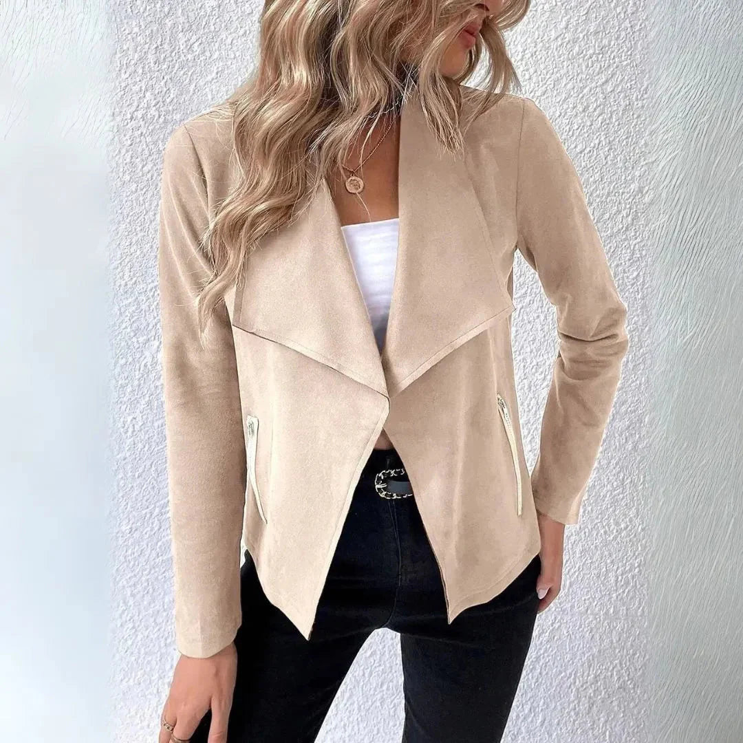 Women's draped open-front cotton-blend jacket soft tailored fit with zippered pockets