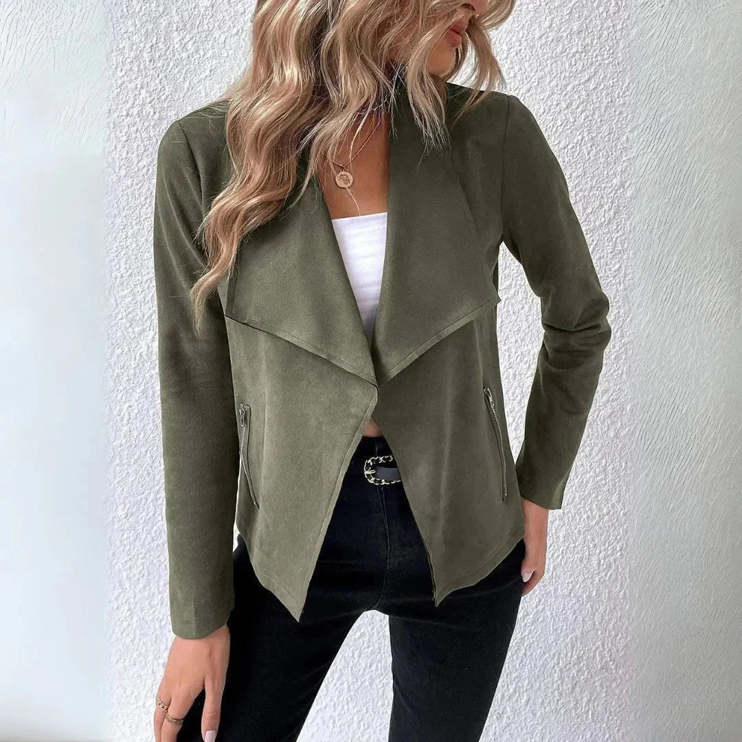 Women's draped open-front cotton-blend jacket soft tailored fit with zippered pockets