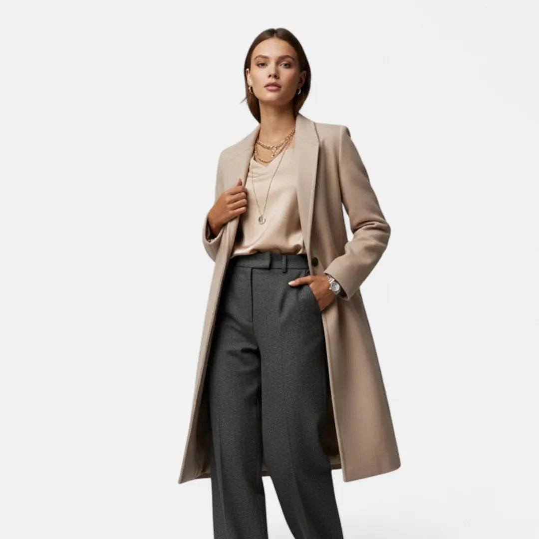 Women's wool-blend long overcoat tailored fit lapel collar single-button closure winter essential
