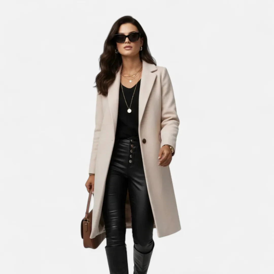 Women's wool-blend long overcoat, tailored fit, lapel collar, single-button closure, elegant winter coat