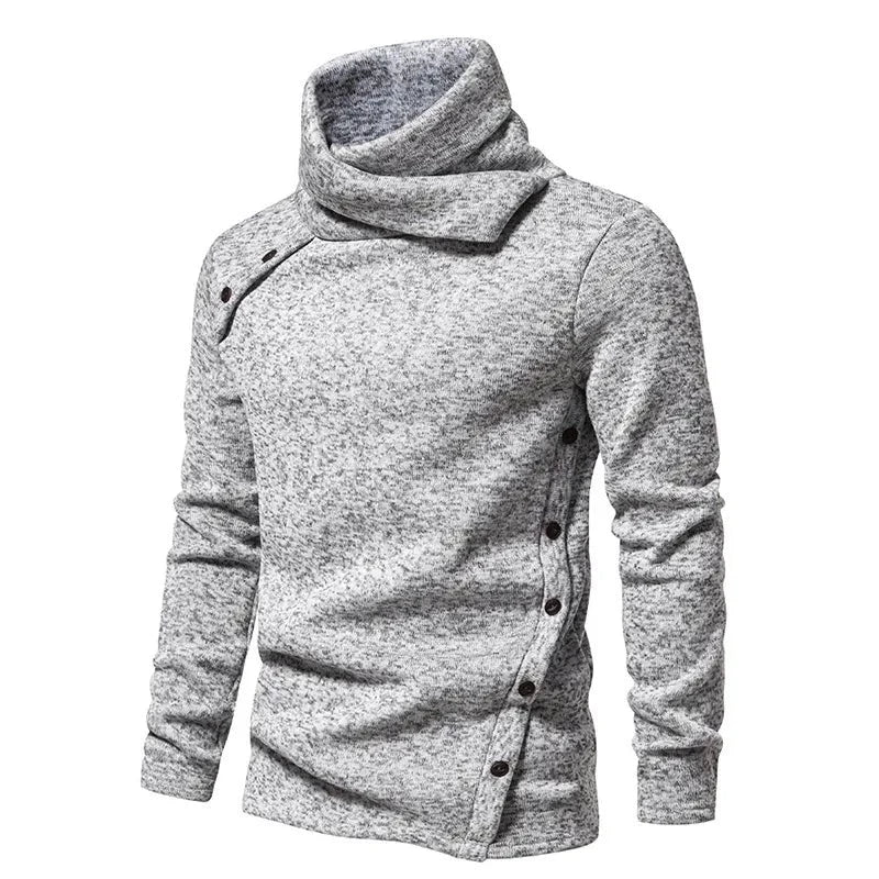 Women's gray high-neck knit sweater with cozy sustainable fit and elegant collar for cold weather