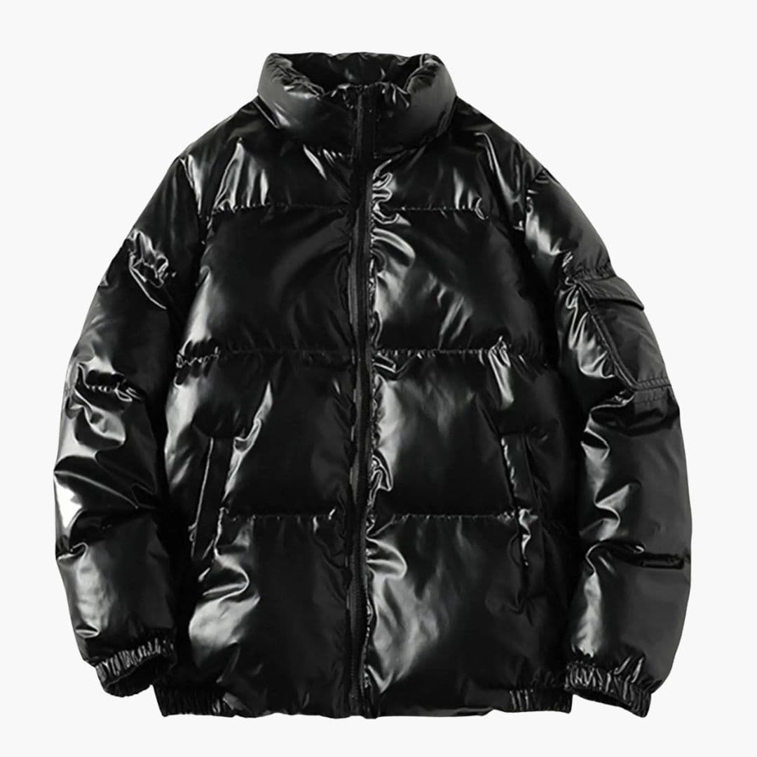 Men's shiny quilted puffer coat black zip closure stand-up collar down jacket slim fit