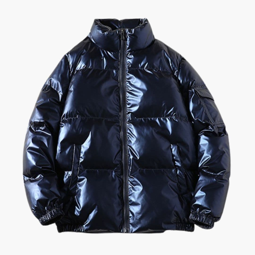 Men's shiny quilted puffer jacket black zip-up stand-up collar down coat sleek winter style
