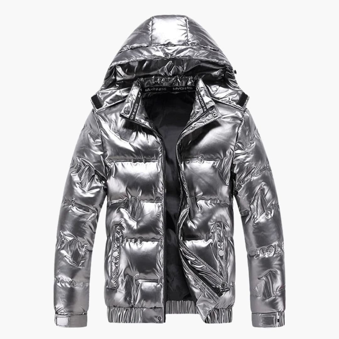 Men's black shiny quilted down jacket with padded hood and zip snap closure for winter warmth