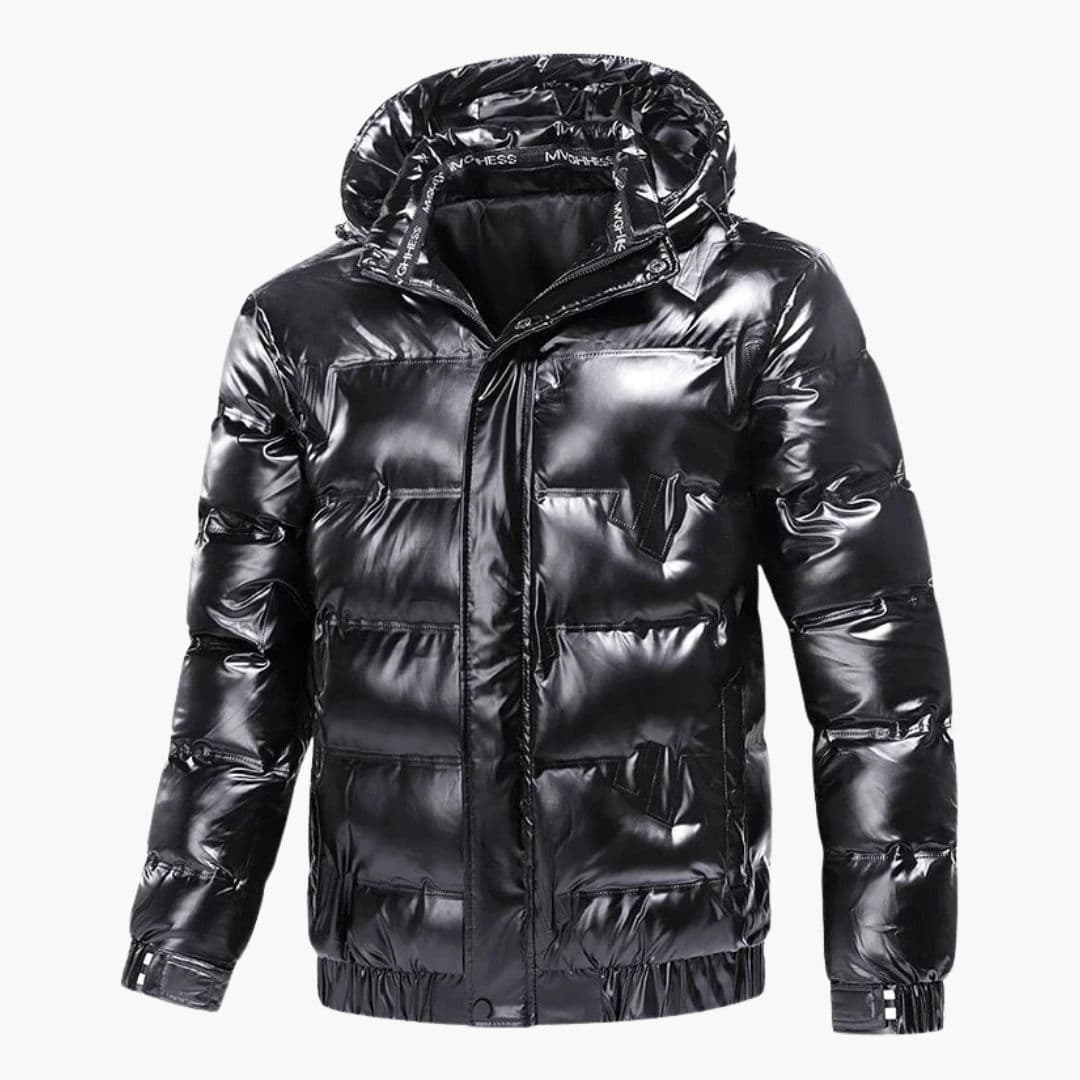Men's black shiny quilted down jacket with padded hood, zip and snap closure for cold weather warmth