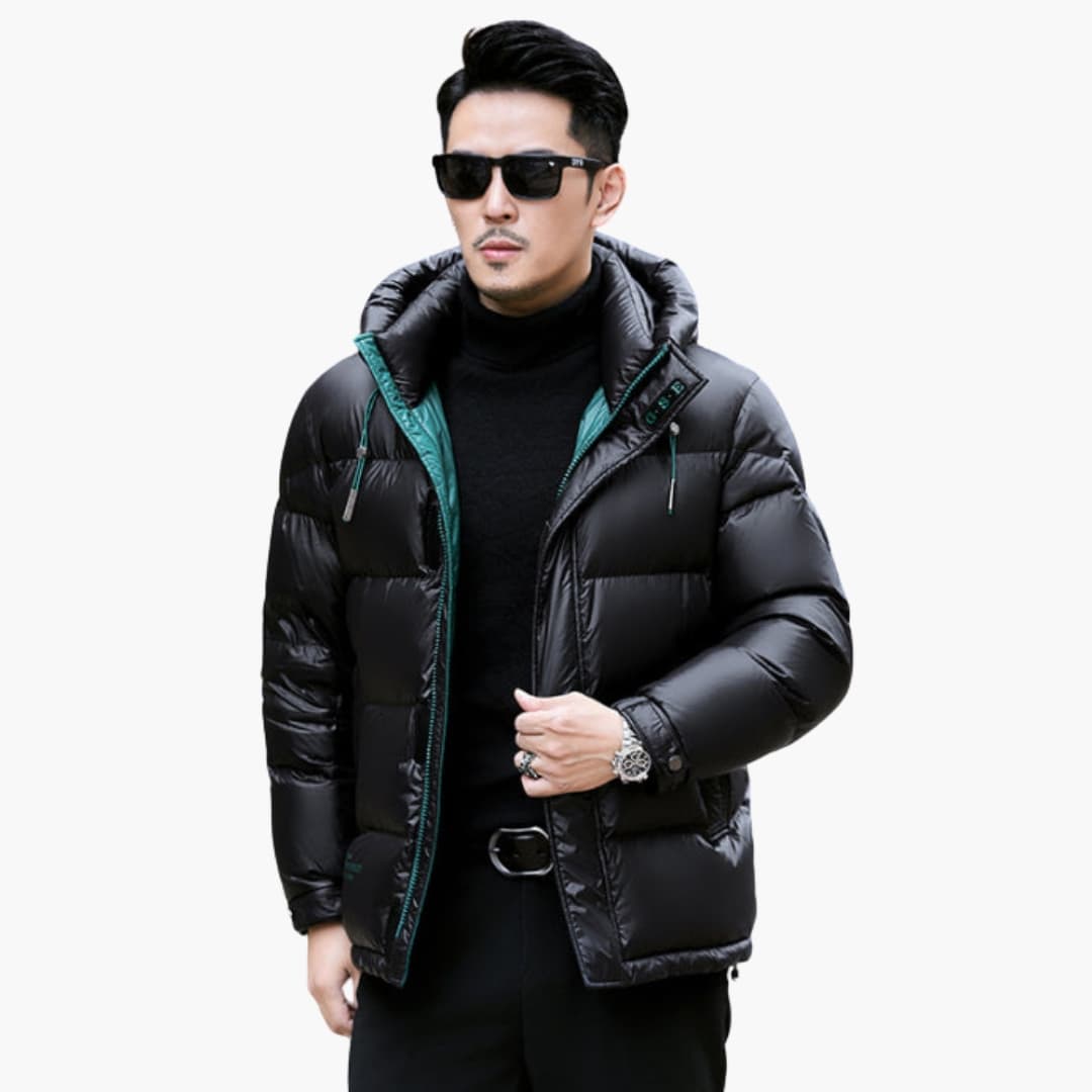 Men's black quilted puffer jacket with padded hood and zipper closure for cold weather