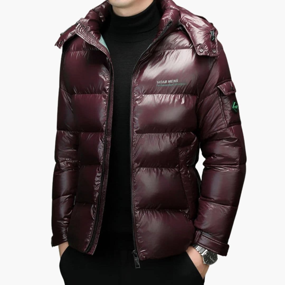 Men's navy down jacket removable hood stand-up collar multiple pockets modern slim fit