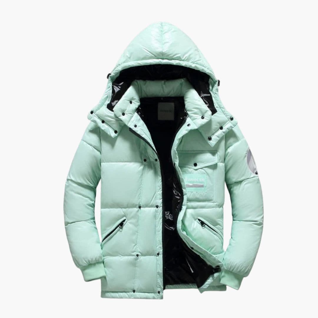 Men's navy down jacket removable hood high collar zipped pockets sleek modern cold weather fit