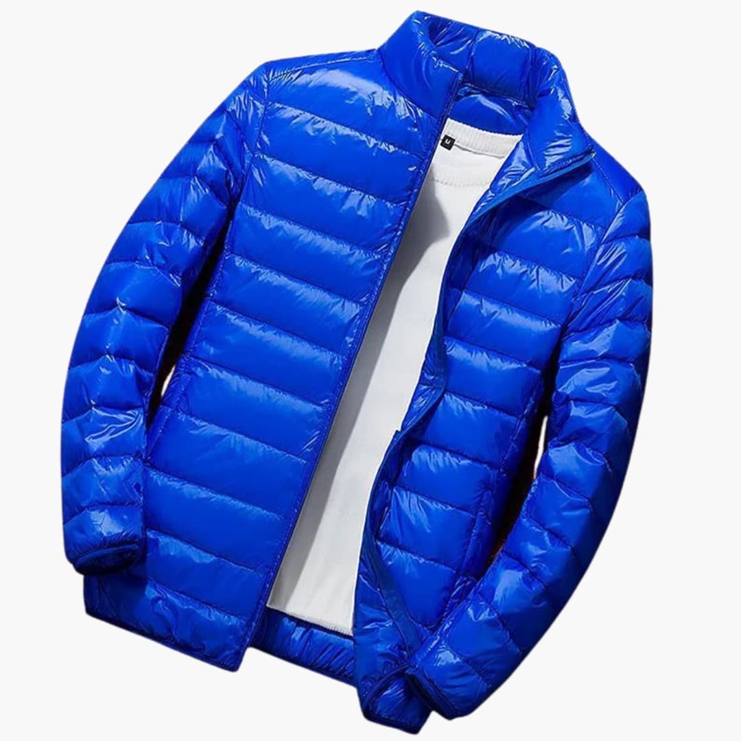 Men's hooded down jacket horizontal quilting full zip streamlined silhouette outdoor winter warmth